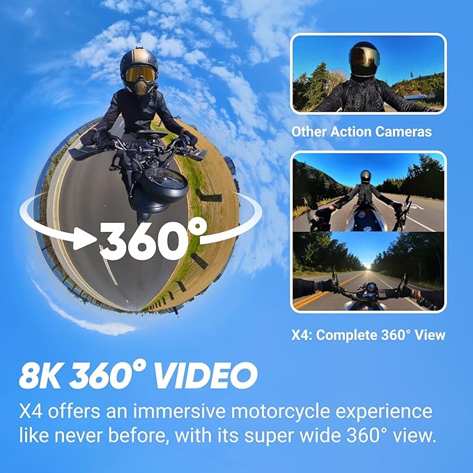 Insta360 X4 Motorcycle Handlebar Bundle - Waterproof 8K 360 Action Camera, 4K Wide-Angle Video, Invisible Selfie Stick Effect, Removable Lens Guards, 135 Min Battery Life, AI Editing, Stabilization