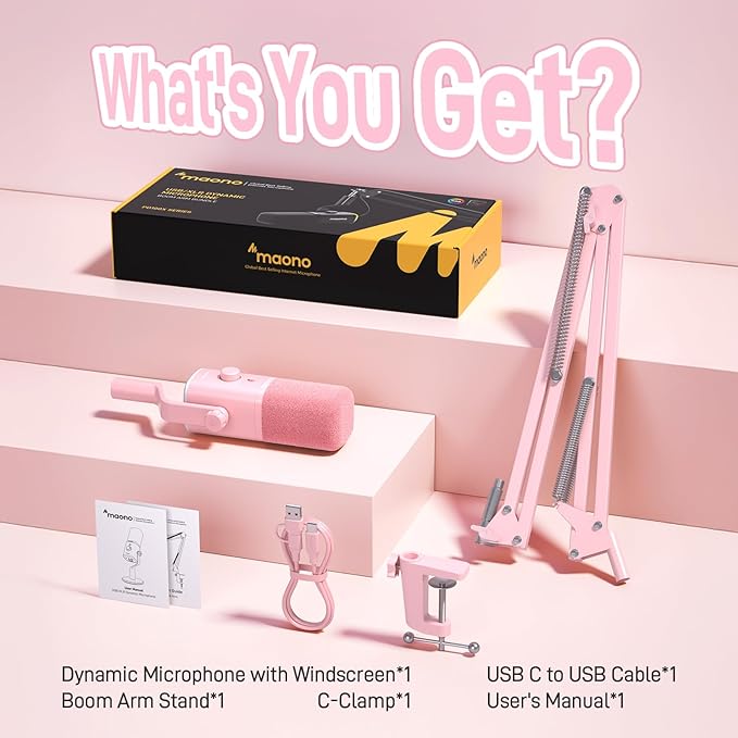 MAONO XLR/USB Gaming Microphone Kit: Dynamic PC Mic for Streaming Podcasting, Software Support, Mute Button, Gain Control, RGB Computer Mic with Boom Arm Stand, for Recording, PS4/PS5, PD100XS Pink