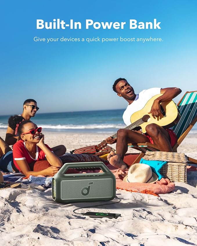 soundcore Boom 2 By Anker, Outdoor Speaker, 80W, Subwoofer, BassUp 2.0, 24H Playtime, IPX7 Waterproof, Floatable, RGB Lights, USB-C, Custom EQ, Bluetooth 5.3, Portable for Camping, Beach, and Backyard