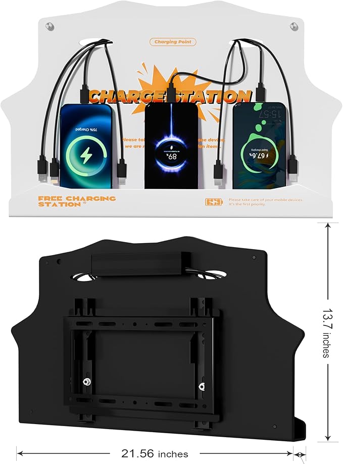 Wall Mounted Cell Phone Charging Station with 8-Port High-Speed Cables – Universal Dock for Apple, Type-C & Android Devices – Ideal for Airports, Hotels, Malls, Offices, Schools (White)