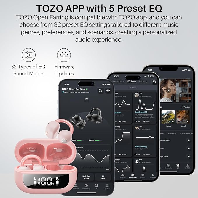 TOZO OpenEarRing True Open Ear Headphones, Lightweight Comfort Open Ear Clip Wireless Earbuds, 40H Play Bluetooth 5.4 Headphones with Smart Digital Display Design Fit Sports Running, Workout Pink