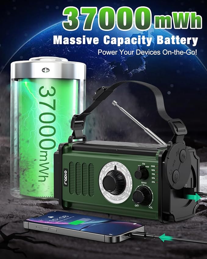 10000mAh Emergency Radio, Solar Radio, Hand Crank Radio, NOAA AM FM Weather Radio, 4 Charging Methods, Polymer Battery, Flashlight & Reading Lamp, SOS Alarm, Phone Charger for Emergency