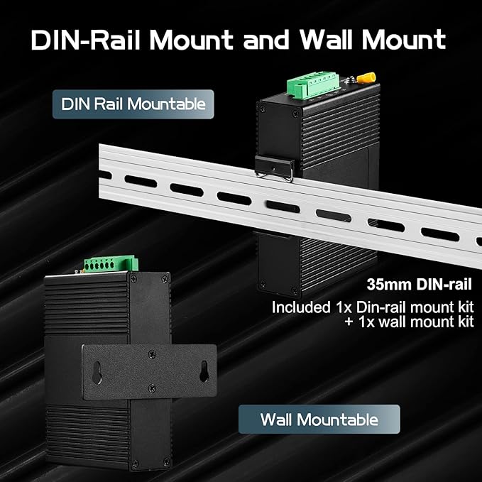 5 Port Industrial Ethernet Switch, 4 Ports and 1 Uplink 10/100Mbps, Fanless Din Rail and Wall Mount, IP40 Aluminum Alloy -40~75°C(-40~185°F), with One Power Supply