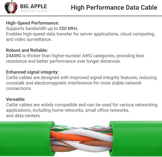 Big-A - 1000ft Cat5e Plenum Ethernet Cable, Green, 350MHz, 24AWG UTP, CMP Rated, Solid Network LAN Cord, Compatible with Printer, Gaming Consoles, Router, VoIP Phones, POE IP Cameras