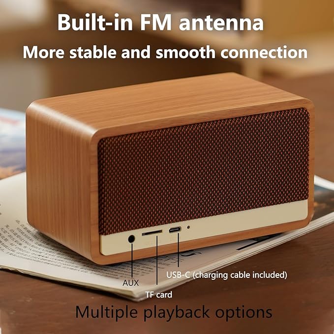 Vintage FM Radio Bluetooth Speaker, 2600mAh Rechargeable Radio with Built-in FM Antenna for Home Kitchen and Living Room with Rotary Knob