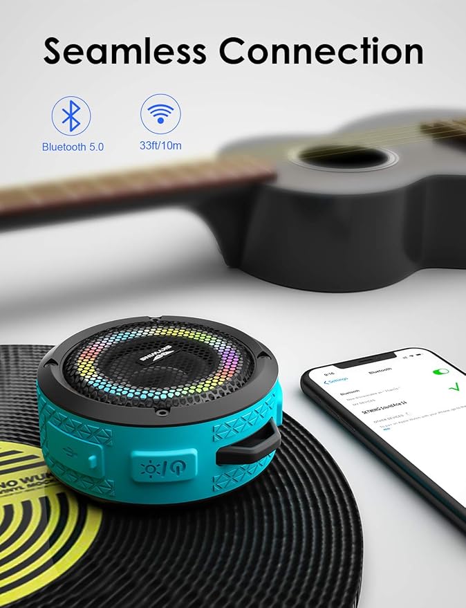 Soundace S6 IPX7 Waterproof Shower Speaker 5W Bass+ Bluetooth Speaker with Suction Cup Hook Lanyard RGB Light, Premium Mini Portable Outdoor Wireless for Bike Pool Beach