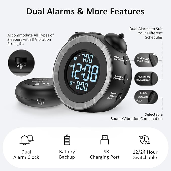 uscce Loud Dual Alarm Clock with Bed Shaker - 0-100% Dimmer, Vibrating Alarm Clock for Heavy Sleepers or Hearing Impaired, Easy to Set, USB Charging Port, Snooze, Battery Backup