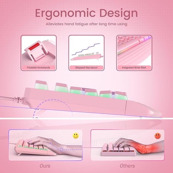 Pink Creamy Keyboard, Rainbow LED Backlit, 104 Keys Silent Light Up Gaming Keyboard with Wrist Rest, PBT Keycap, Anti-ghosting, Waterproof USB Wired Computer Keyboard for PC Mac Xbox