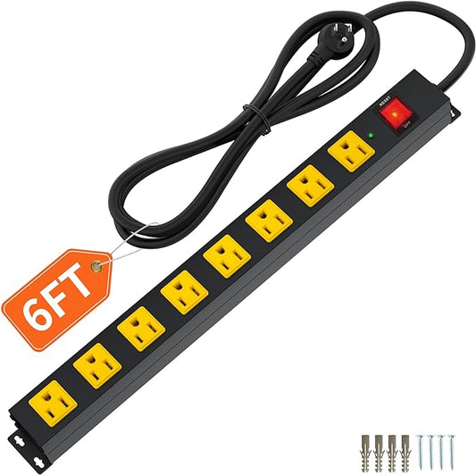 8 Outlet Long Power Strip, 2100J Surge Protector Heavy Duty 6FT Cord Wide Spaced and Wall Mount Metal Powerstrip for Home Office Garage Workshop