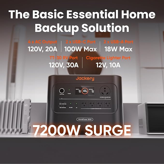 Jackery HomePower 3000 Portable Power Station and Transfer Switch with 2x 200W Solar Panels, 3600W (Surge 7200W) Output, 3072Wh LFP Battery Solar Generator for Essential Home Backup, Emergencies