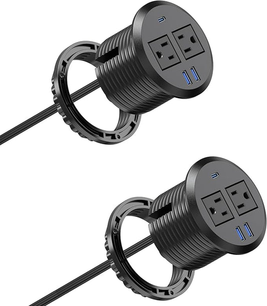 3 inch Desktop Power Grommet USB C,20W Fast Charging Station,Furniture Recessed Power Strip,2 Outlets,3 USB Ports,Flush-Mount for Desktop, Workspace Essential Desk Outlet,2 Pack (Black)