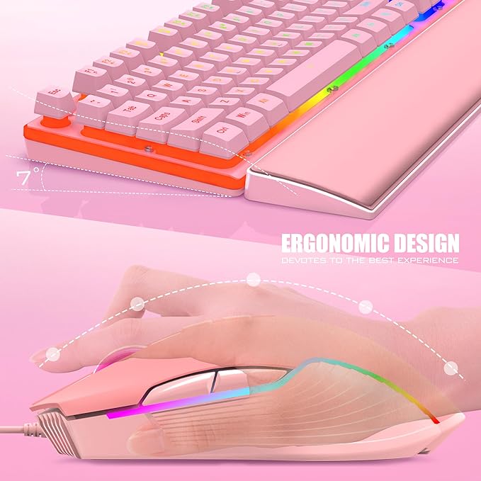 RedThunder K10 Wired Gaming Keyboard and Mouse and Wrist Rest Combo, RGB Backlit, Mechanical Feel Anti-ghosting Keyboard + 7D 7200 DPI Mice+Soft Leather Wrist Rest 3 in 1 PC Gamer Accessories(Pink)