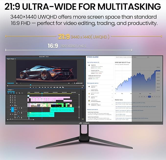 CRUA 34'' Ultrawide Gaming Monitor, 21:9 UWQHD 3440x1440 80Hz IPS Panel Computer Monitors with Built-in Speakers, Supports FreeSync, 120% sRGB, Blue Light Filter, HDMI 2.0 & DP 1.4, Wall-Mountable