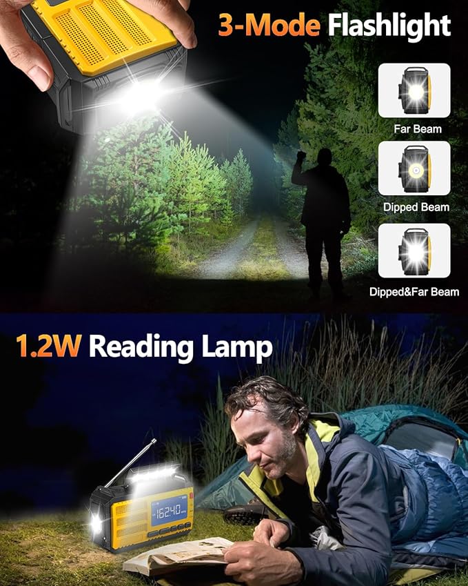 10000mAh Emergency Hand Crank Radio, AM/FM/NOAA Weather Alert, Solar Powered, 4 Charging Methods, 3-Mode Flashlight, Reading Lamp, SOS Alarm, Phone Charger, Orange