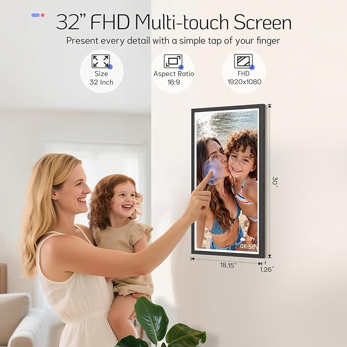 NexFoto 32 Inch Touchscreen Large Digital Picture Frame, 64GB WiFi Digital Photo Frame FHD 1920 * 1080, Add Photos from Google Photos, Upload Videos Instantly, for Housewarming/Birthday, Black Wood