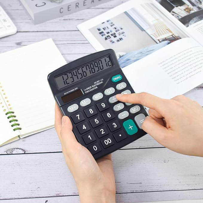 Marte Vanci 12 Digits Calculator with Large LCD Display, Desktop Basic Calculator with Big Buttons, Solar Power and AA Battery, for Office, Home, School(Black)