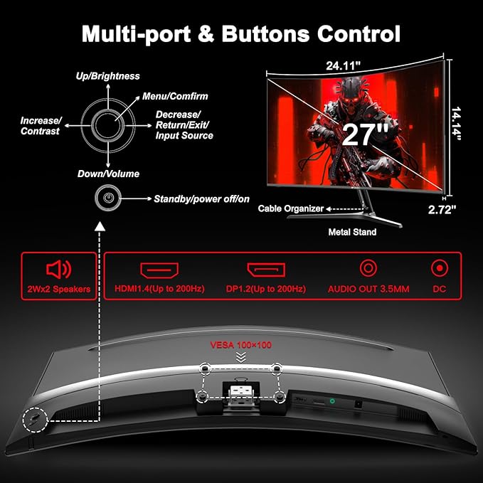 SANSUI 27 Inch Curved Gaming Monitor 200Hz 180Hz 1ms with Speakers FHD 1080P Computer Monitor FreeSync|1500R|130% sRGB|HDR|Low Blue Light|HDMI DP Ports|VESA Mount|Metal Stand(HDMI Cable Incl.)