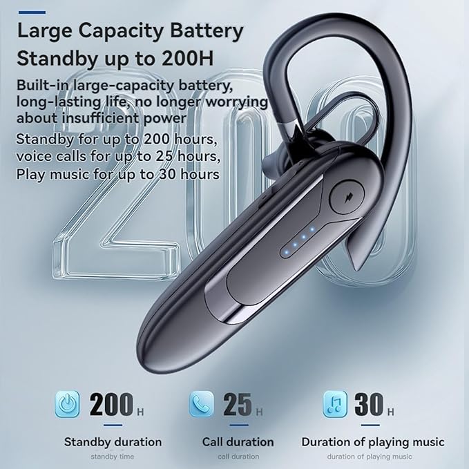 Bluetooth Headphones, Wireless Bluetooth Headphones with ENC Call Noise Cancellation, 30 Hours Talk Time 200 Hours Standby Time, LED Power Display, for Truck/Driver/Business, Universal Smartphone