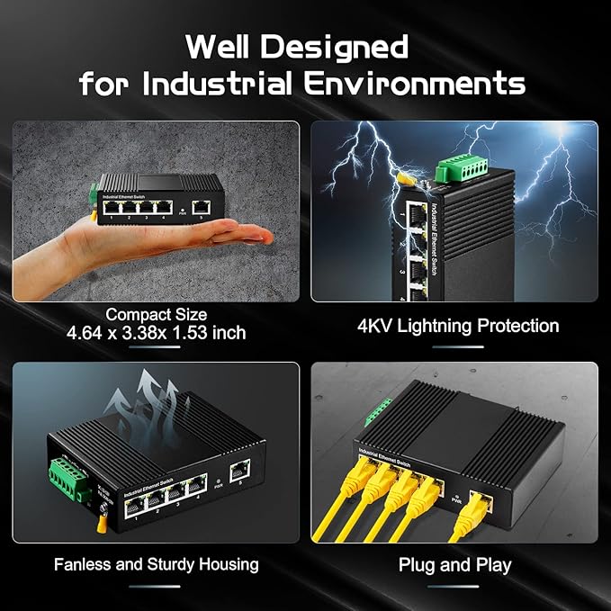5 Port Industrial Ethernet Switch, 4 Ports and 1 Uplink 10/100Mbps, Fanless Din Rail and Wall Mount, IP40 Aluminum Alloy -40~75°C(-40~185°F), with One Power Supply