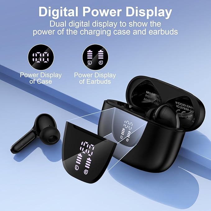 Wireless Earbuds Bluetooth 5.3 Headphones,Noise Cancelling EarBuds with Deep Bass 60H Playback Stereo Ear Buds with Mic LED Display Charging Case IPX7 Waterproof in Ear Earphone for Phone Laptop Sport