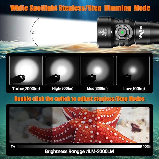 Wurkkos DL08 Dive Light, 3600 Lumens Rechargeable Scuba Underwater Lights with Red and UV Light, IP68 Underwater Video with Infinite Brightness Adjustment and 5000mAh Battery for Night Diving