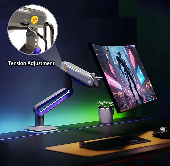Designer Gaming Monitor Arm for 32 to 60 Inches Screen, Load up to 20 kg, VESA 75/100, RGB-Light, Heavy Duty, Multi Angle Adjustable, Premium Aluminum, Long Arm Extension Purple Blue