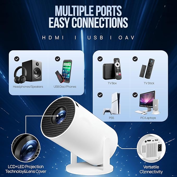 Upgraded Projector with WiFI 6 and Bluetooth Mini Portable Smart Video Theater 4K HD 1080P Outdoor Screen Movie Home TV Android Monitor PC Games 180° Rotatable Compatible for Laptop Tablet Computer