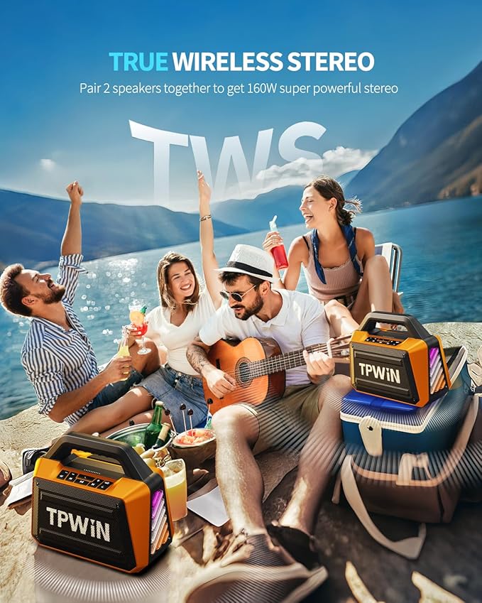 Bluetooth Speaker - 80W Loud, Rugged Outdoor Speakers, IPX6 Waterproof, 20H Playtime, Deep Bass, Lightshow, TWS, BT 5.3 Wireless, Portable for Travel Hiking Camping Beach Pool - Orange