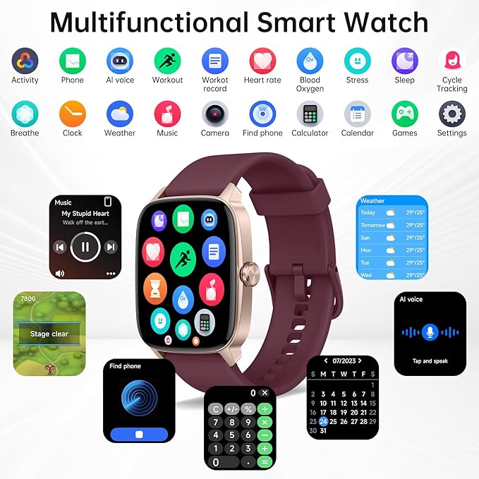 Smart Watches for Women Men with Bluetooth Call & AI Voice, 1.85" HD Fitness Tracker with Heart Rate SpO2 Sleep Monitor, 100+ Sports Modes Mini Games, IP68 Waterproof Smartwatch for Android iOS Phones