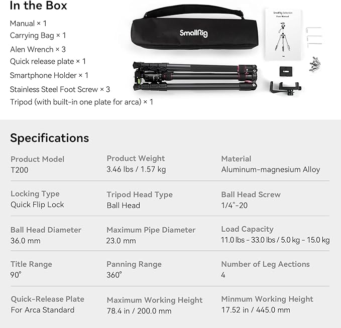 SmallRig CT-20 Camera Tripod, 78.7" Foldable Aluminum Tripod & Monopod, 360°Ball Head Detachable and Quick Release Plate, Payload 33lb, Adjustable Height from 18.5" to 78.7" for Camera, Phone - 3474C