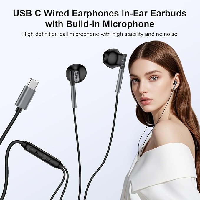 USB C Headphones Samsung Wired Earbuds for Android Samsung Galaxy A17 A36 A16 Z Fold/Flip7 S25 Ultra/Edge A56 A35 A54 S24FE S23Plus,Wired Type C Earphones with Microphone for iPhone 17 Pro Max 16 Plus