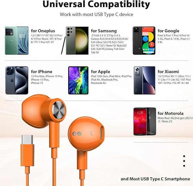 USB C Headphones for iPhone 17 Pro Max 16e 16 Plus 15 Pro, Type C Wired Earbuds with Mic HiFi Magnetic Sport Earphones for iPad Pro Air Samsung Flip Fold 6 Galaxy S25 FE S24 S23 OnePlus 13 12 9