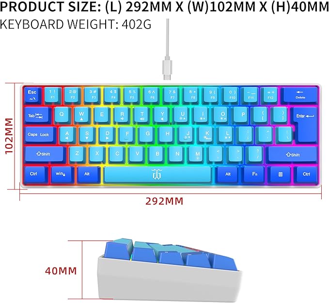 Snpurdiri 60% Wired Gaming Keyboard, RGB Ultra-Compact Mini Keyboard, Waterproof Mechanical Feeling Small Keyboard for PC/Mac Gamer, Typist, Travel, Easy to Carry on Business Trip (Blue-Wathet)