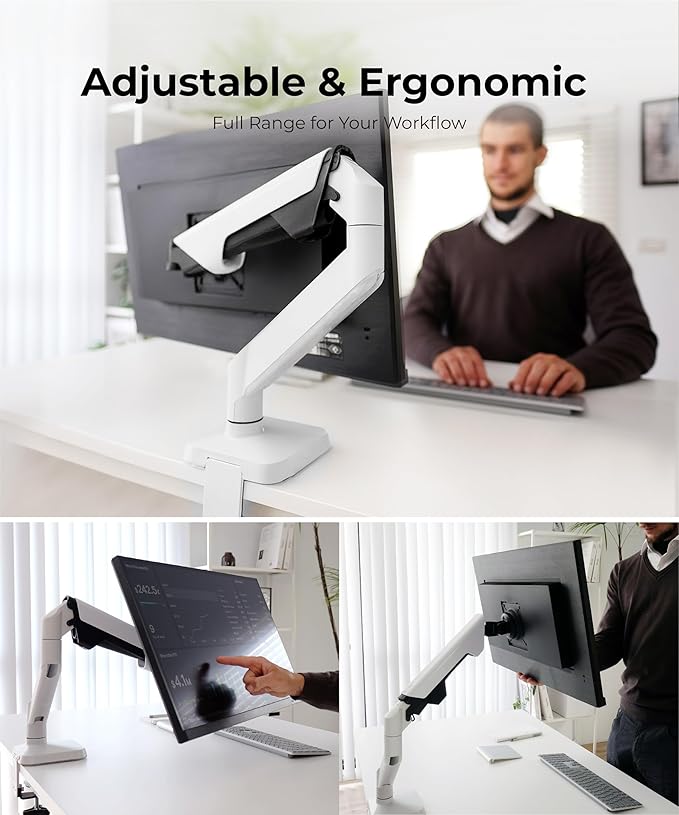 Heavy Duty Monitor Arm Desk Mount for 34-49 Inch Ultrawide Curved Monitors, Supports 14-38 lbs, Gas Spring Ergonomic Full Motion with Cable Management, Red Dot Design Awarded, White