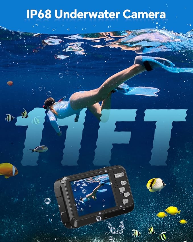 4K Underwater Camera Snorkeling 11FT Waterproof Camera 64MP Autofocus with 32GB Card Dual Screens Selfie 16X Zoom Floatable Compact Digital Camera Waterproof with 2 Batteries (Black)