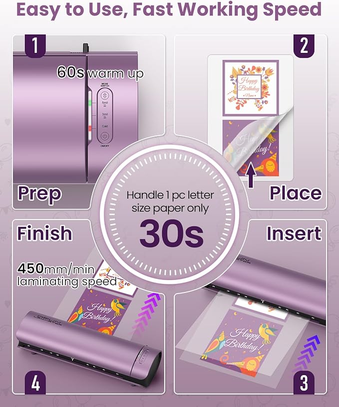 Office Presentation Laminator Machine 11x17 with Laminating Sheet A3/A4/A5, 3/5 Mil Thermal Cold Laminating Machine 13 inch Wide, 60s Warm-Up Lamination Machine, Personal Laminate Machine (Purple)