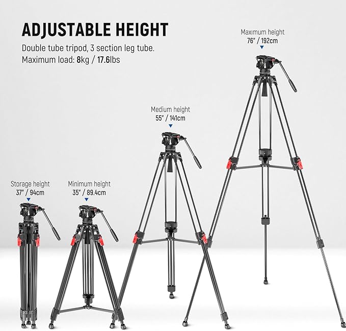 NEEWER 76" Video Camera Tripod with Fluid Head, One Step Quick Release Heavy Duty Aluminum Portable Tripod Stand with Cleaning Cloth, Dual Mode QR Plate for DSLR Camcorder, Max Load 17.6lb, LL27