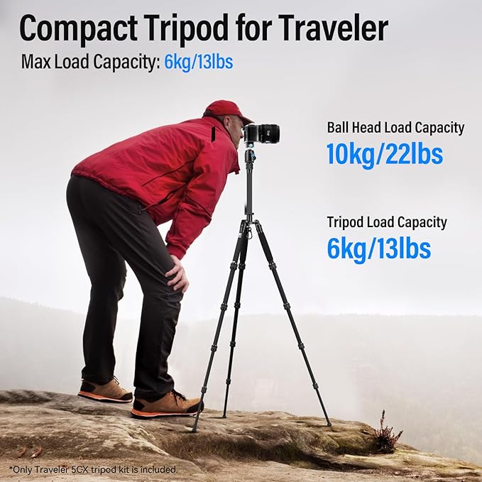SIRUI 52" Carbon Fiber Travel Tripod, Compact Lightweight Camera Tripod, 360° Ball Head Detachable, Load 10kg/22lbs, Folded Height 13" (Traveler 5CX)