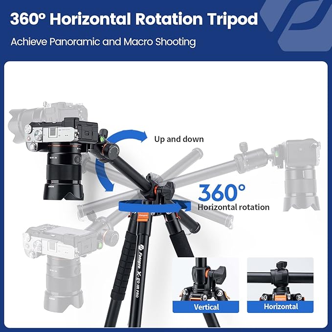 Fotopro 68 inch Camera 360 Horizontal Tripod Monopod with Center Column and Ball Head, Overhead Camera Tripod Mount for DSLR Camera, Video Camcorder, for Travel and Work