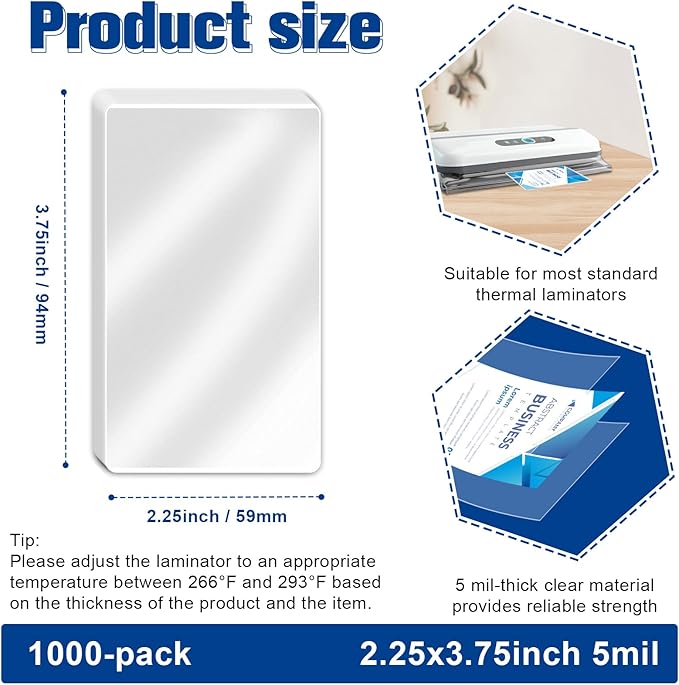 1000 Pack 5mil 2.25“x3.75" Thermal Laminating Pouches Badge Laminate Pouches Clear Laminated Luggage Tags Printable Laminator Pouches for Business Permits Cards (1000, 2.25"x3.75"-5mil)