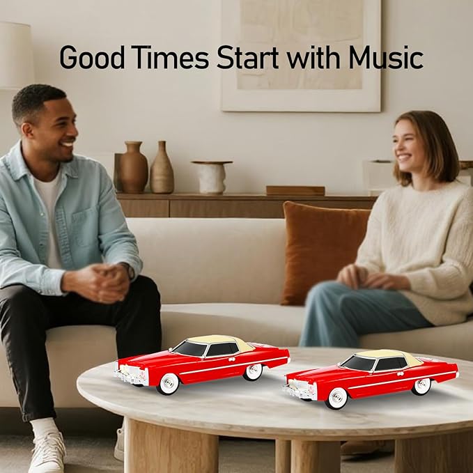 American Retro car Bluetooth Speaker, Mobile Wheel Retro car Model, HD Stereo, TWS Pairing, LED Ambient Light, Type-C Portable Charging, Home, Party, Camping Desktop Decoration (RED)