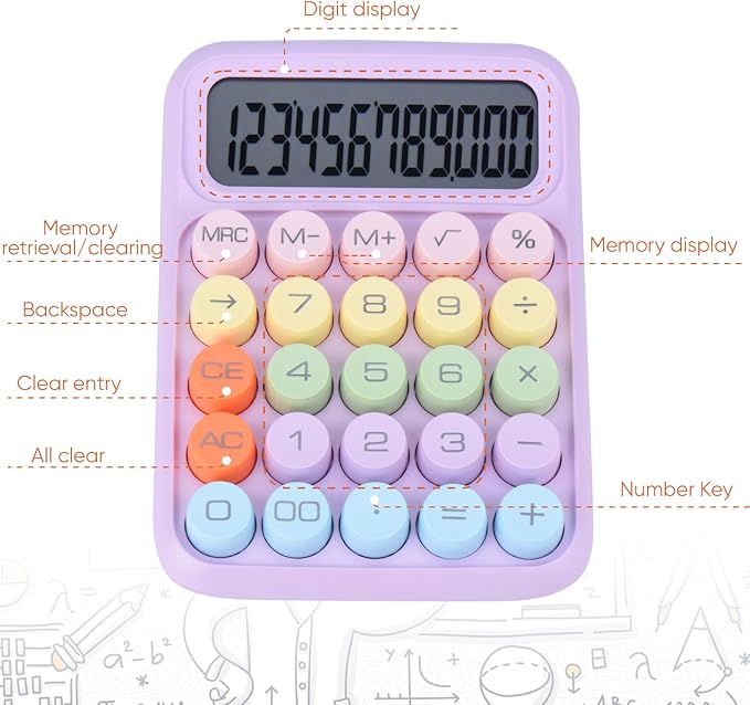 Mechanical Pushbutton Calculator,12 Digit Large LCD Display,Big Buttons Easy to Press,Colorful Candy Calculator,Automatic Sleep,with Battery.for Office,School, Home. (Purple)