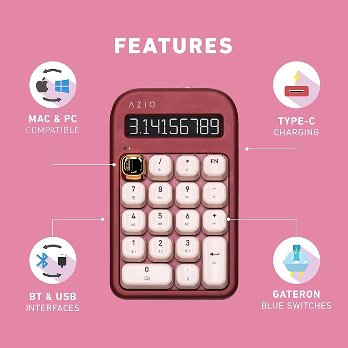 AZIO IZO Wireless Mechanical Calculator & Number Pad (Red/Gold) - Bluetooth 5.0 & USB, Gateron-Blue Mechanical Switch, 9 Backlight Modes, Rechargeable, PC & Mac Compatible, Baroque Rose (IN106)