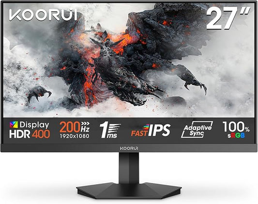 KOORUI Gaming Monitor, 27" 200Hz 1ms Fast IPS Computer Monitor, FHD HDR400 Display, 90% DCI-P3 Color Gamut PC Screen, Adaptive Sync, Ultra Slim Frame, VESA Mountable, HDMI 2.0, DP 1.4, G2711P