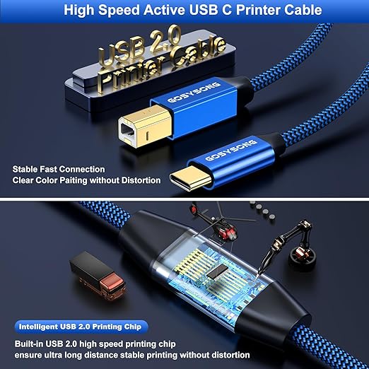 USB C Cable - 100ft, Active USB C to Type B, High Speed Printer & Scanner Cord Compatible with HP, Piano, Midi Keyboard, Audio Recording