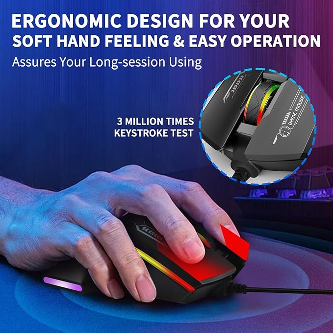 Gaming Mouse, Wired Gaming Mouse with RGB Backlit, 7200DPI Adjustable, PC Gaming Mice with 7 rogrammable Macro Buttonsg, Ergonomic Mouse Gamer for PC, Desktop, Mac，Laptop, Chromebook.