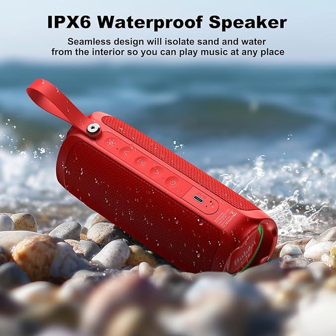 Bobtot Portable Bluetooth Speaker, IPX6 Waterproof Speaker with Punchy Bass, 15W Loud Sound, RGB, 15H Playtime, Dual Pairing for Party, Camping, Beach, Red