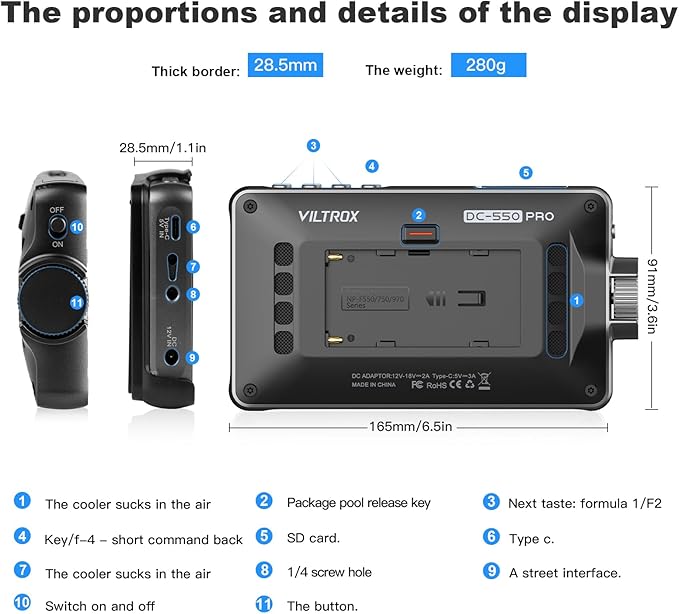 VILTROX DC 550 Pro 5.5" Camera Monitors for DSLR Touchscreen Field Monitor 4K HDMI Video External Monitor mit Hood for Sony Canon Nikon 1200nit 3D LUT Focus Peaking Histogram False Colours