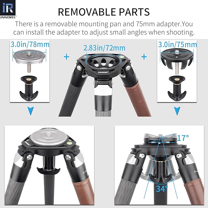 Carbon Fiber Tripod-INNOREL ST344C Professional Heavy Duty Camera Stand Monopod with 75mm Bowl Adapter Tube Leg 34.4mm,Max Load 30kg for DSLR Travel Shooting with ER31C Center Column add Camera Strap