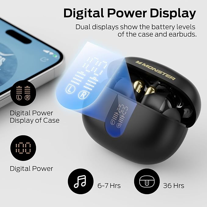 Monster Wireless Earbuds, Bluetooth 6.0 in-Ear Headphones with Charging Case, Stereo Earphones Deep Bass Sound, Built-in Mic, Clear Call, Water Resistant Design for Sports